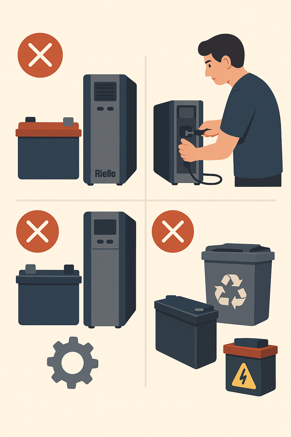 Guide showing correct and incorrect UPS battery handling