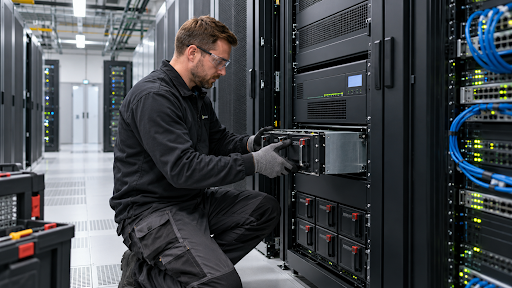 IT technician installing server equipment in a data centre